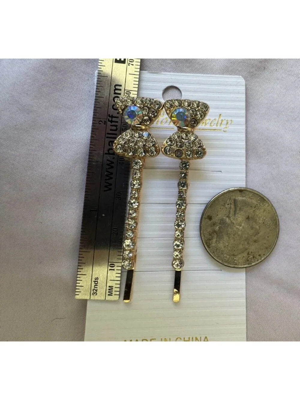 2 PC Set Hair Clips Pin Rhinestone Bow Bling Goldtone Crystal Rhinestone 2.5